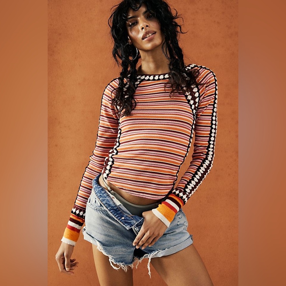 Free People Sunny Day Cuff Waffle Blouse With Crochet - Picture 3 of 9